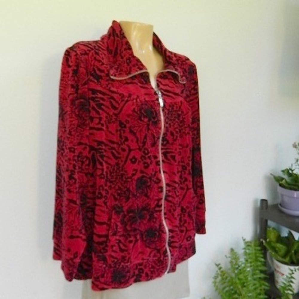 Style&Co Sport Velour Jacket Women 2X Red Black Rose Floral Full Zip Pockets Vtg